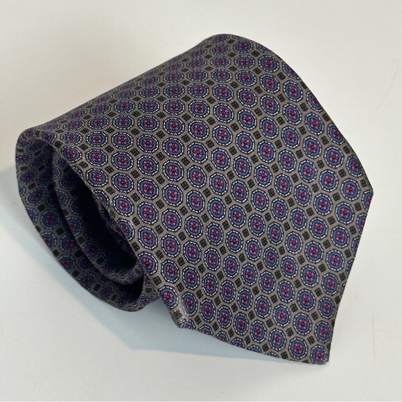 Vintage Yves Saint Laurent Grey Geometric Print Silk Tie - Picture 2 of 6